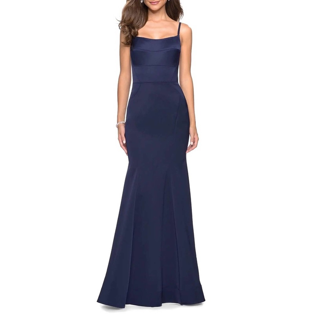 La Femme Gown Maxi Dress Formal Square Neck Mermaid Trumpet Navy Blue 0 XS NWT